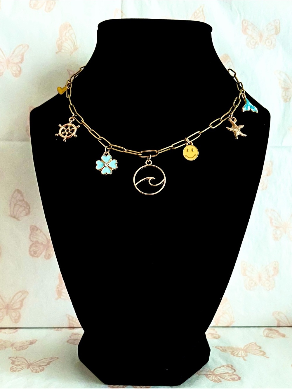 Boho Gold Paperclip Chain Necklace Wave Starfish Charm Beachy Coastal Jewelry